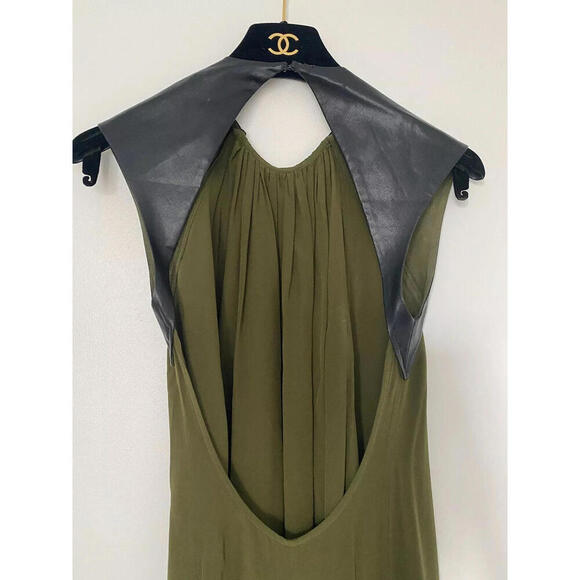 ALEXIS Olive Green Open Back Black Leather Inset Maxi Silk Dress Gown XSmall - Picture 7 of 9